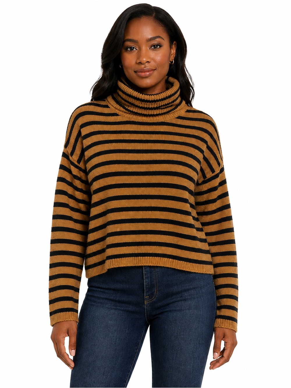 NWT a.n.a A New Approach Striped Turtleneck Sweater Camel Black Small S